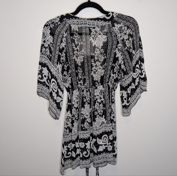 Medium Angie Boho Black and White Sheer Belted Blouse - Picture 2 of 3
